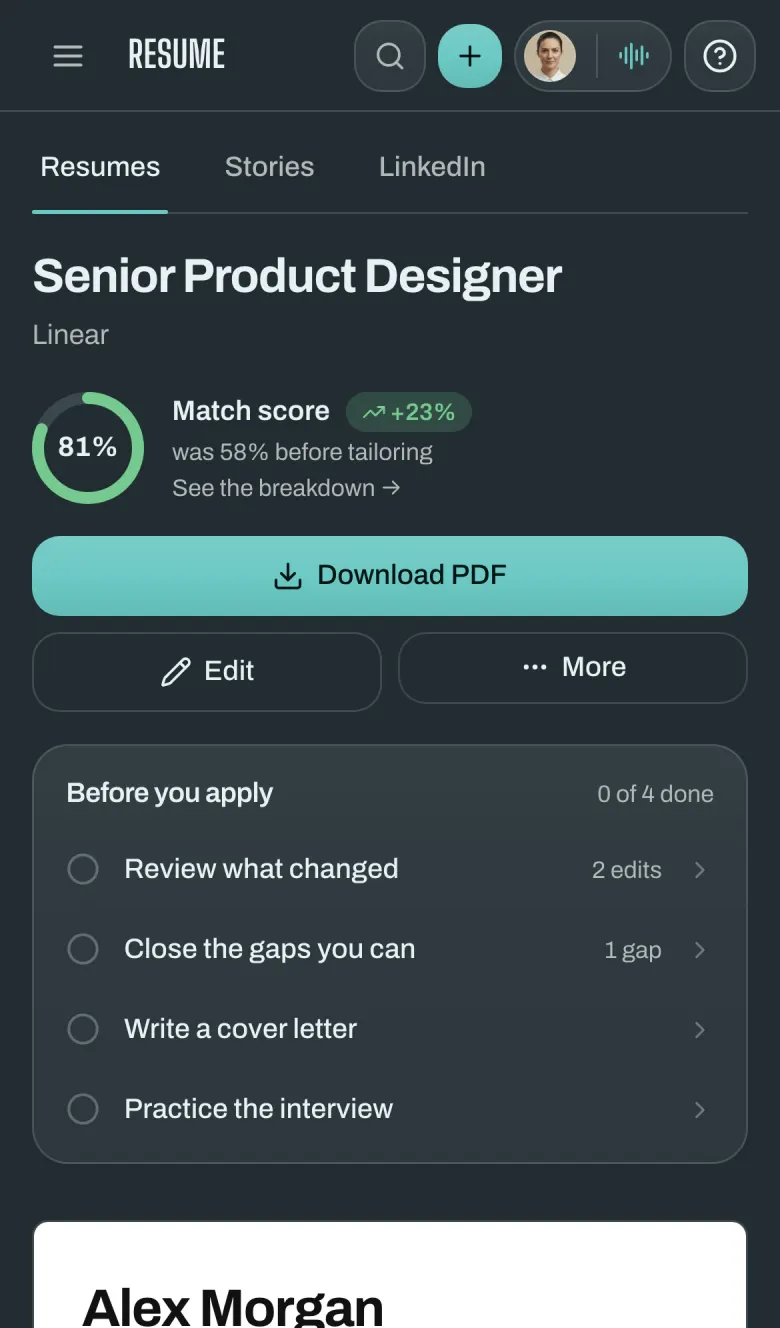 Round Zero tailored resume for a Senior Product Designer role, match score up from 58% to 81%, with the resume preview beside it.