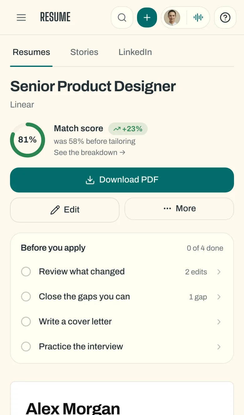 Round Zero tailored resume for a Senior Product Designer role, match score up from 58% to 81%, with the resume preview beside it.